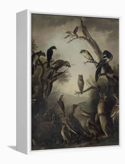 Deux lièvres parmi une grande quantité d'oiseaux.-Nicasius Bernaerts-Framed Premier Image Canvas