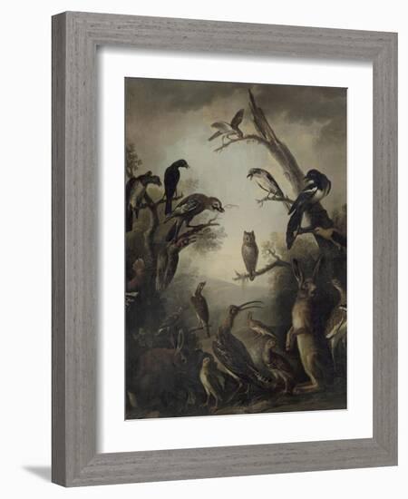 Deux lièvres parmi une grande quantité d'oiseaux.-Nicasius Bernaerts-Framed Giclee Print