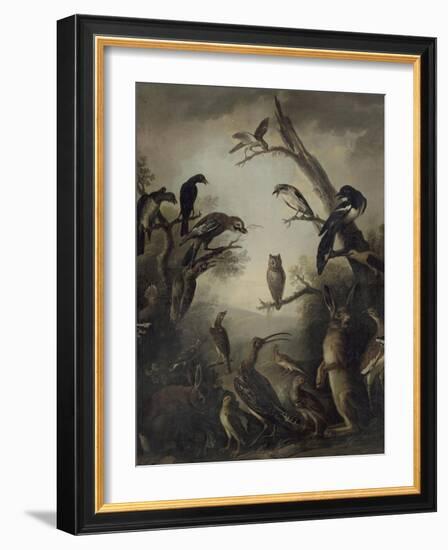 Deux lièvres parmi une grande quantité d'oiseaux.-Nicasius Bernaerts-Framed Giclee Print