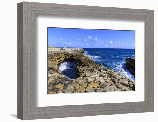 Devil's Bridge, limestone rock formation and arch, tourist takes selfie, Antigua-Eleanor Scriven-Framed Photographic Print