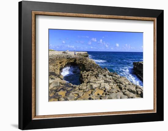 Devil's Bridge, limestone rock formation and arch, tourist takes selfie, Antigua-Eleanor Scriven-Framed Photographic Print