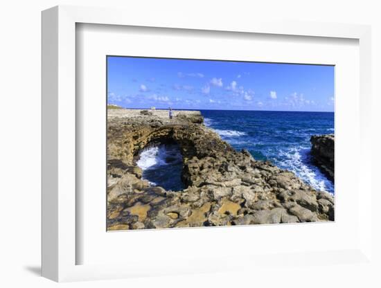 Devil's Bridge, limestone rock formation and arch, tourist takes selfie, Antigua-Eleanor Scriven-Framed Photographic Print