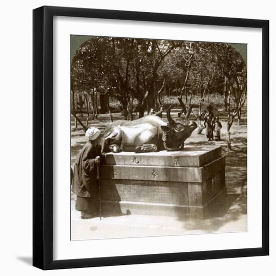 Devout Woman Stroking a Bronze Bull to Cure Rheumatism, Kitano Tenjin Temple, Kyoto, Japan, 1904-Underwood & Underwood-Framed Photographic Print