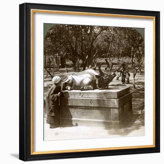 Devout Woman Stroking a Bronze Bull to Cure Rheumatism, Kitano Tenjin Temple, Kyoto, Japan, 1904-Underwood & Underwood-Framed Photographic Print