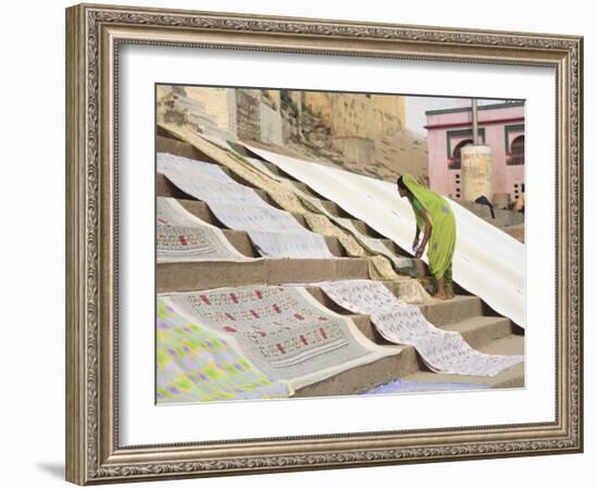 Dhobi Wallah Drying Laundry, Ghats, Varanasi, Uttar Pradesh, India, Asia-Wendy Connett-Framed Photographic Print