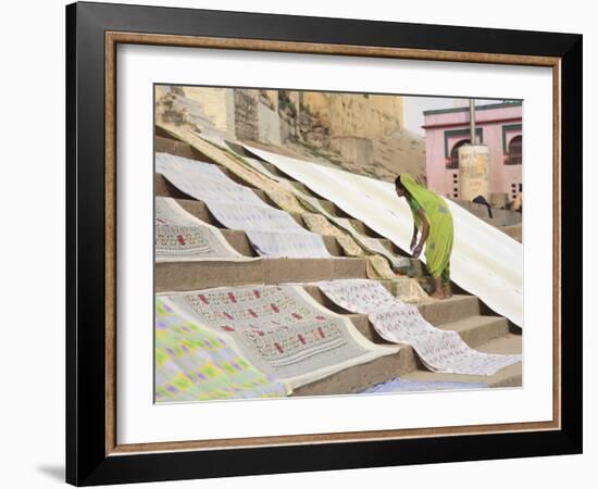 Dhobi Wallah Drying Laundry, Ghats, Varanasi, Uttar Pradesh, India, Asia-Wendy Connett-Framed Photographic Print