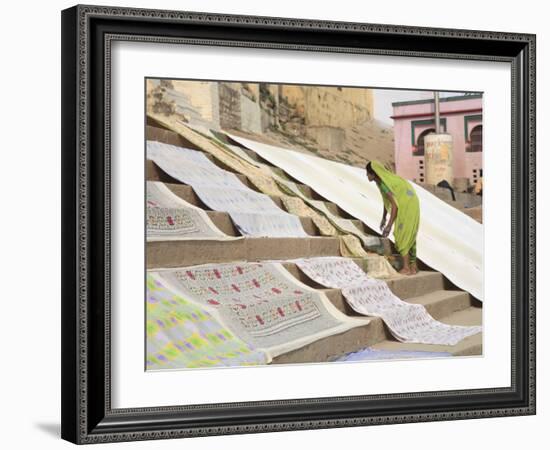 Dhobi Wallah Drying Laundry, Ghats, Varanasi, Uttar Pradesh, India, Asia-Wendy Connett-Framed Photographic Print