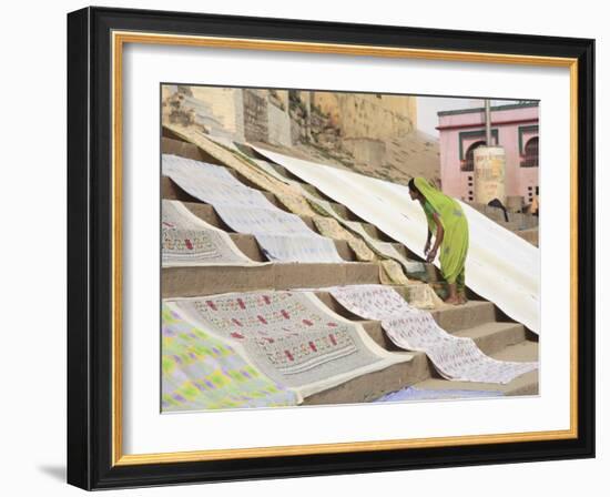 Dhobi Wallah Drying Laundry, Ghats, Varanasi, Uttar Pradesh, India, Asia-Wendy Connett-Framed Photographic Print