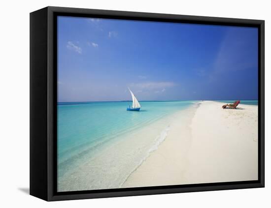 Dhoni and Lounge Chairs on Tropical Beach, Maldives, Indian Ocean-Papadopoulos Sakis-Framed Premier Image Canvas