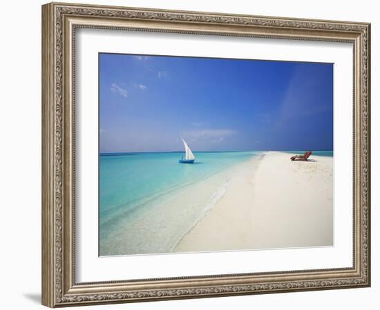 Dhoni and Lounge Chairs on Tropical Beach, Maldives, Indian Ocean-Papadopoulos Sakis-Framed Photographic Print