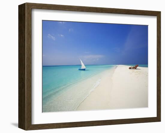 Dhoni and Lounge Chairs on Tropical Beach, Maldives, Indian Ocean-Papadopoulos Sakis-Framed Photographic Print