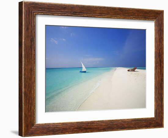 Dhoni and Lounge Chairs on Tropical Beach, Maldives, Indian Ocean-Papadopoulos Sakis-Framed Photographic Print