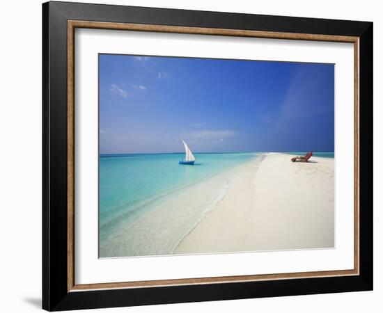 Dhoni and Lounge Chairs on Tropical Beach, Maldives, Indian Ocean-Papadopoulos Sakis-Framed Photographic Print