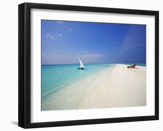 Dhoni and Lounge Chairs on Tropical Beach, Maldives, Indian Ocean-Papadopoulos Sakis-Framed Photographic Print