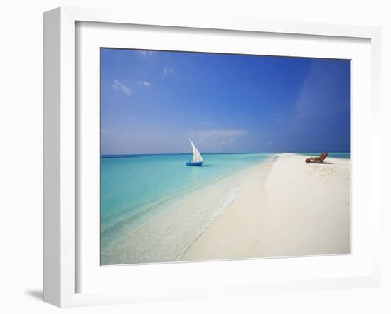 Dhoni and Lounge Chairs on Tropical Beach, Maldives, Indian Ocean-Papadopoulos Sakis-Framed Photographic Print