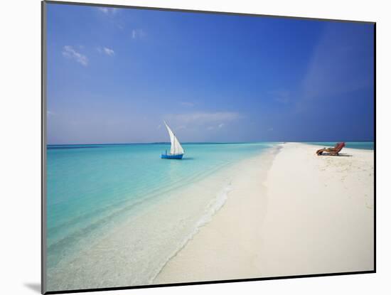 Dhoni and Lounge Chairs on Tropical Beach, Maldives, Indian Ocean-Papadopoulos Sakis-Mounted Photographic Print