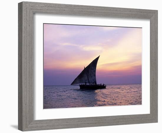 Dhow in Silhouette on the Indian Ocean at Sunset, off Stone Town, Zanzibar, Tanzania, East Africa-Lee Frost-Framed Photographic Print