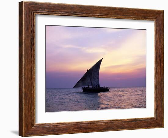 Dhow in Silhouette on the Indian Ocean at Sunset, off Stone Town, Zanzibar, Tanzania, East Africa-Lee Frost-Framed Photographic Print