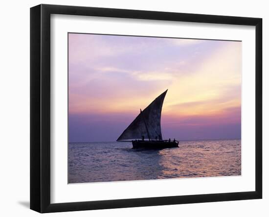 Dhow in Silhouette on the Indian Ocean at Sunset, off Stone Town, Zanzibar, Tanzania, East Africa-Lee Frost-Framed Photographic Print