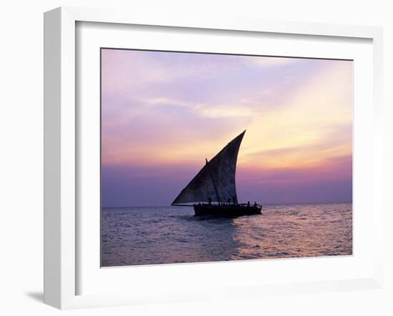 Dhow in Silhouette on the Indian Ocean at Sunset, off Stone Town, Zanzibar, Tanzania, East Africa-Lee Frost-Framed Photographic Print