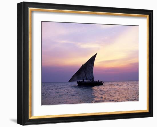 Dhow in Silhouette on the Indian Ocean at Sunset, off Stone Town, Zanzibar, Tanzania, East Africa-Lee Frost-Framed Photographic Print