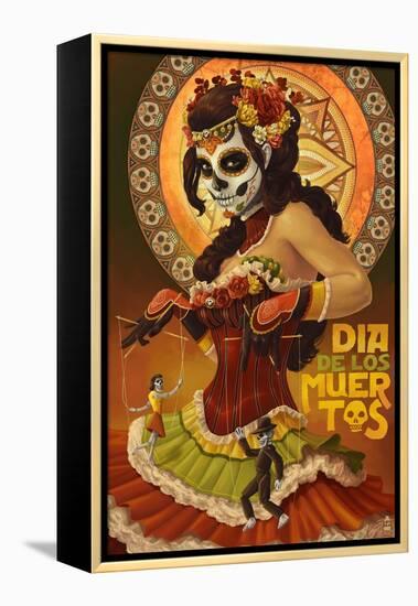 Dia De Los Muertos Marionettes-Lantern Press-Framed Stretched Canvas