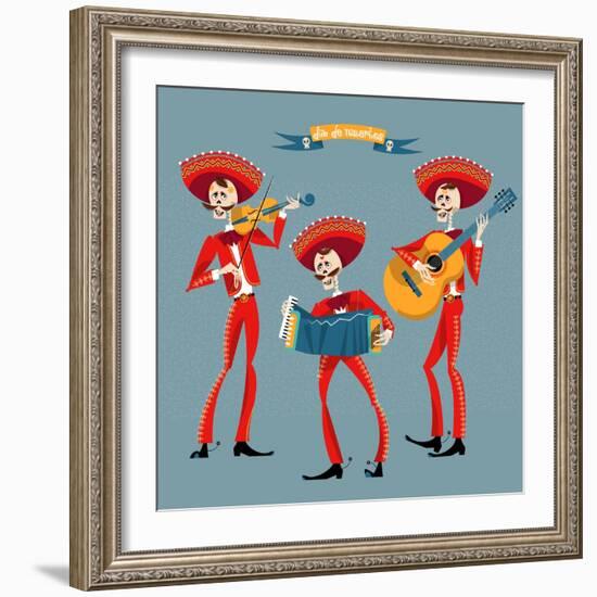 Dia De Muertos. Mariachi Band of Skeletons. Mexican Tradition.-NGvozdeva-Framed Art Print