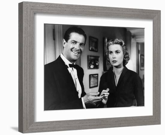 DIAL M FOR MURDER, 1954 directed by ALFRED HITCHCOCK Robert Cummings and Grace Kelly (b/w photo)-null-Framed Photo