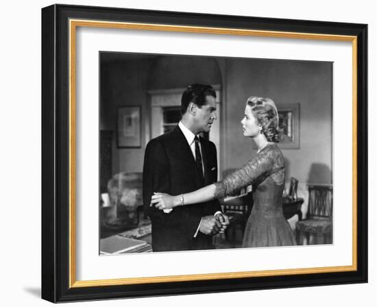 DIAL M FOR MURDER, 1954 directed by ALFRED HITCHCOCK Robert Cummings and Grace Kelly (b/w photo)-null-Framed Photo