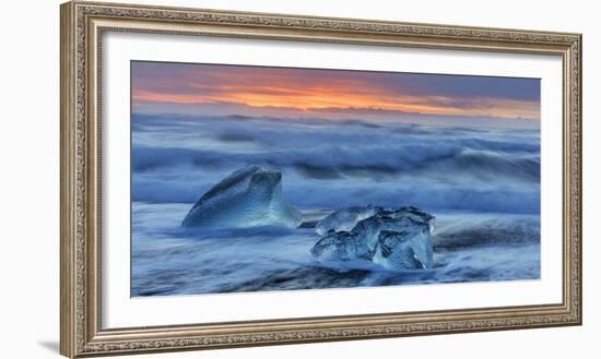 Diamond ice chards from calving icebergs on black sand beach, Jokulsarlon, south Iceland-Chuck Haney-Framed Photographic Print