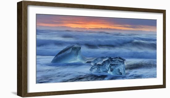 Diamond ice chards from calving icebergs on black sand beach, Jokulsarlon, south Iceland-Chuck Haney-Framed Photographic Print