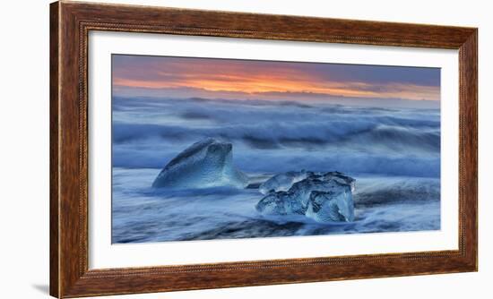 Diamond ice chards from calving icebergs on black sand beach, Jokulsarlon, south Iceland-Chuck Haney-Framed Photographic Print