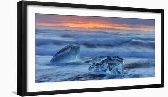 Diamond ice chards from calving icebergs on black sand beach, Jokulsarlon, south Iceland-Chuck Haney-Framed Photographic Print