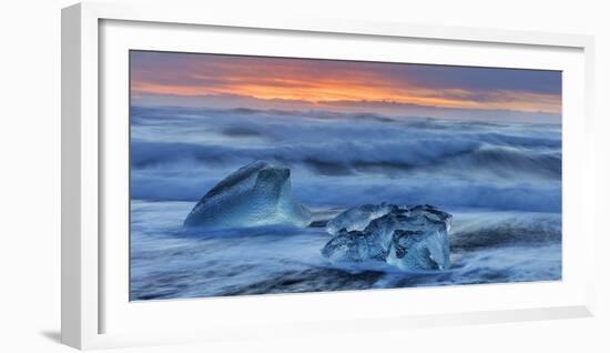 Diamond ice chards from calving icebergs on black sand beach, Jokulsarlon, south Iceland-Chuck Haney-Framed Photographic Print