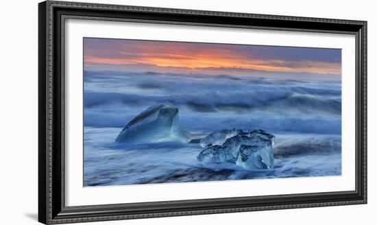 Diamond ice chards from calving icebergs on black sand beach, Jokulsarlon, south Iceland-Chuck Haney-Framed Photographic Print