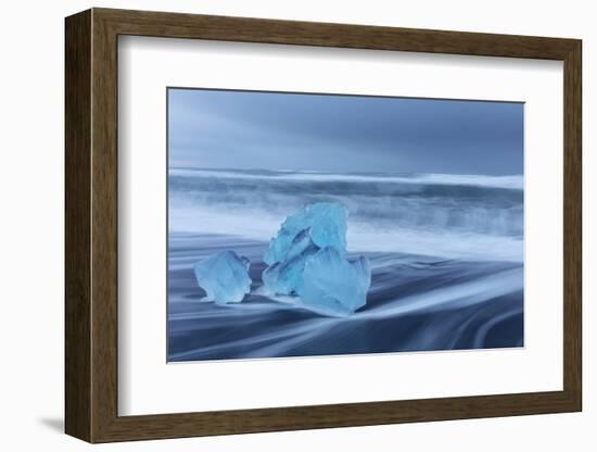 Diamond ice chards from calving icebergs on black sand beach, Jokulsarlon, south Iceland-Chuck Haney-Framed Photographic Print