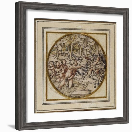 Diana and Actaeon - Design for a Pendant or Hat Badge, C.1532-43-Hans Holbein the Younger-Framed Giclee Print