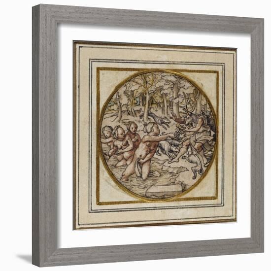 Diana and Actaeon - Design for a Pendant or Hat Badge, C.1532-43-Hans Holbein the Younger-Framed Giclee Print