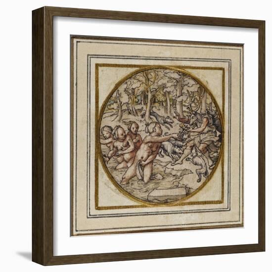 Diana and Actaeon - Design for a Pendant or Hat Badge, C.1532-43-Hans Holbein the Younger-Framed Giclee Print