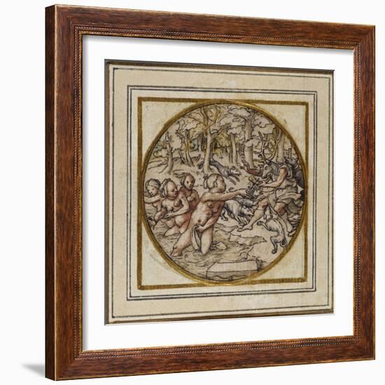 Diana and Actaeon - Design for a Pendant or Hat Badge, C.1532-43-Hans Holbein the Younger-Framed Giclee Print