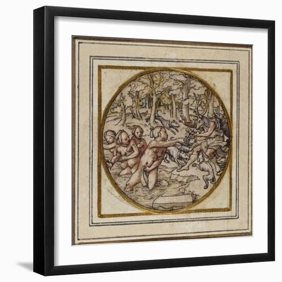 Diana and Actaeon - Design for a Pendant or Hat Badge, C.1532-43-Hans Holbein the Younger-Framed Giclee Print