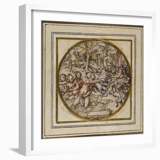 Diana and Actaeon - Design for a Pendant or Hat Badge, C.1532-43-Hans Holbein the Younger-Framed Giclee Print