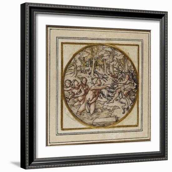 Diana and Actaeon - Design for a Pendant or Hat Badge, C.1532-43-Hans Holbein the Younger-Framed Giclee Print