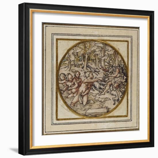 Diana and Actaeon - Design for a Pendant or Hat Badge, C.1532-43-Hans Holbein the Younger-Framed Giclee Print