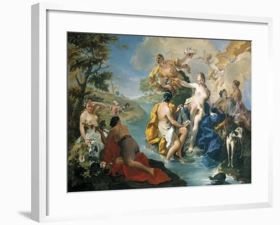 Diana and Her Nymphs, in Background Actaeon Is Being Devoured by Dogs-Giovanno Battista Pittoni-Framed Giclee Print