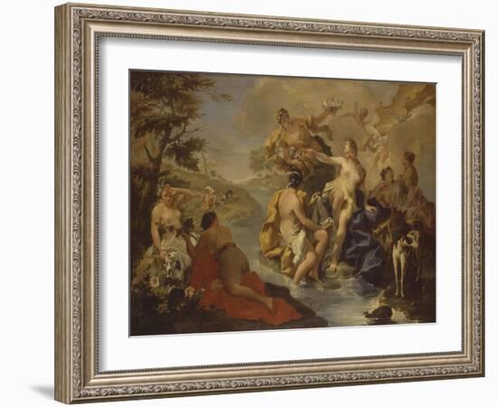 Diana with the Nymphs and Actaeon Devoured by Dogs-Giambattista Pittoni-Framed Art Print