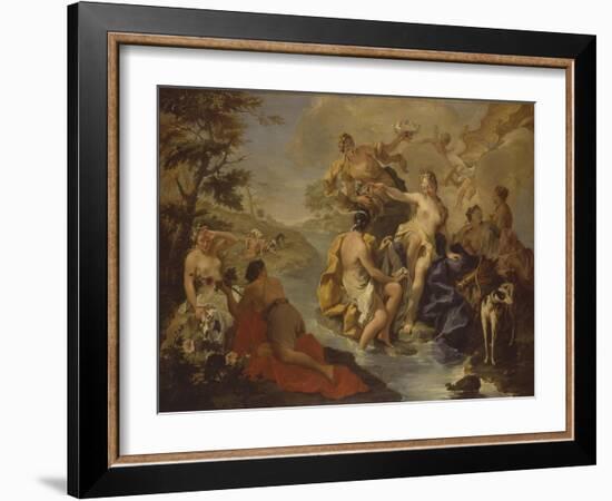 Diana with the Nymphs and Actaeon Devoured by Dogs-Giambattista Pittoni-Framed Art Print