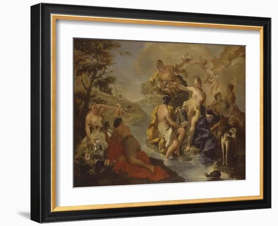 Diana with the Nymphs and Actaeon Devoured by Dogs-Giambattista Pittoni-Framed Art Print