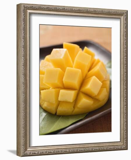 Diced Mango Still Attached to the Skin on Brown Plate-null-Framed Photographic Print