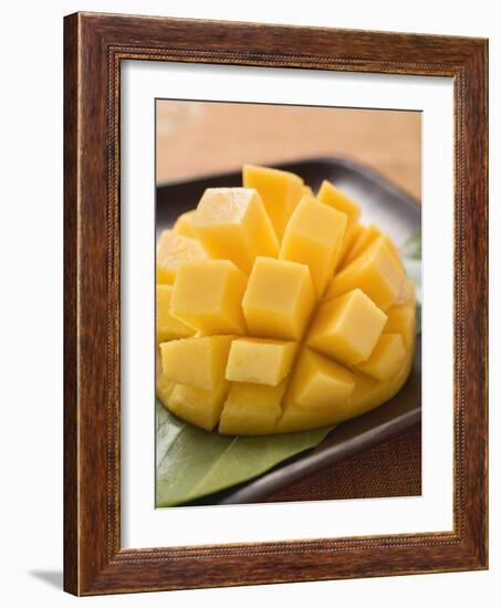 Diced Mango Still Attached to the Skin on Brown Plate-null-Framed Photographic Print